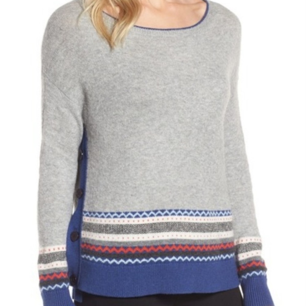Caslon Long Sleeve Fair Isle Gray Red Blue Wool Blend Button Oversized Sweater M